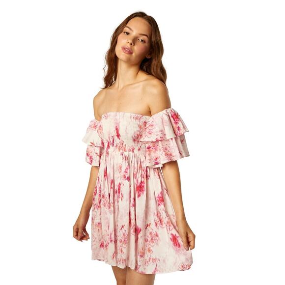 MISA Los Angeles Dina Off Shoulder Flutter Ruffle Mini Dress Pink Rose Flora XS - Picture 1 of 8